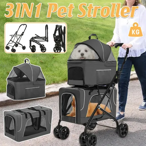 3 in 1 Portable Folding Pet Stroller Outdoor Travel Double Deck Cat Dog Carrier