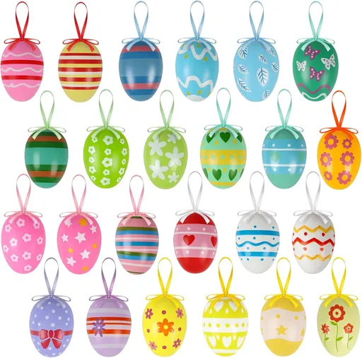 24PCS Hanging Easter Eggs – Reusable Plastic Easter Egg Decorations for Tree Ornaments, Basket, Party & Home Decor (5g Each, 4cm x 6cm)