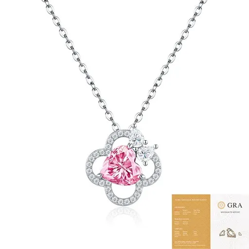 Elegant Four-Leaf Clover Pendant Necklace with Genuine Moissanite, Featuring a Heart-Shaped Pink Center Stone, Crafted in Polished Silver with Sparkling White Accents, Perfect for Daily Wear and Thoughtful Gifting (Moissanite, Premium S925)
