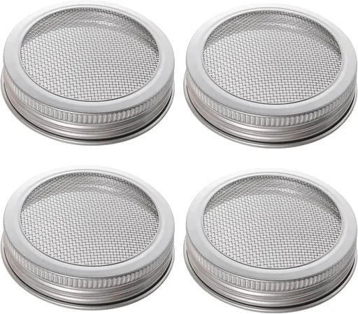 4 Pack Mesh Strainer Jar Stainless Steel Sprouting Jars Mason Wide Mouth Canning Lids for Growing Bean, Seeds and Salad(70MM)