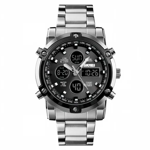 Men's Dual Display Analog Digital Watch, Silver Case Black Dial 30M Waterproof Sports Watch