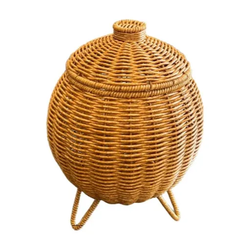 Small Rattan Basket Box with Lid, Handmade Woven Round Storage Basket, Multi-purpose Wicker Bowl, Decorative Farmhouse Basket Bin for Shelf, Home, Bathroom, Picnic