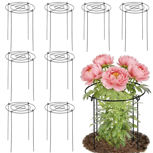 8PCS Peony Cages and Supports, 11.8" x 17.7" Iron Flower Stakes, Green Circular Guide Growth System for Garden Flowers, Prevents Stem Falling