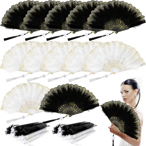 12 Sets Marabou Feather Fan Bulk 20s Folding Fan Wedding Party Favor Lace Vintage Embroidered Flapper Costume Women Dancing Party (White,Black)
