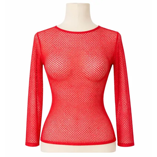 Womens Fishnet Mesh Top Long Sleeve Sheer See Through Party Costume - Red