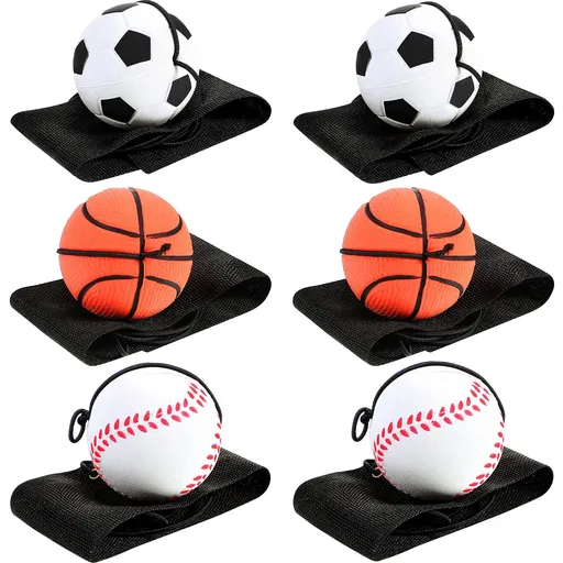 6 Pieces Wrist Return Ball Sports Wrist Ball Includes Basketball, Baseball and Football On A String Rubber Rebound Ball Wristband Toy