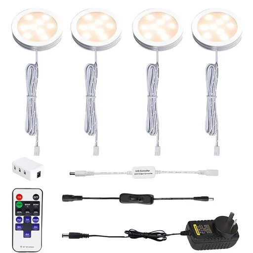 Dimmable LED Under Cabinet Lighting, Counter Showcase Kitchen Lighting Fixtures with 12V Plug in adapter and Dimmable Wireless Remote Control, 4 Ultra Slim Puck Lights Kit (Warm White)