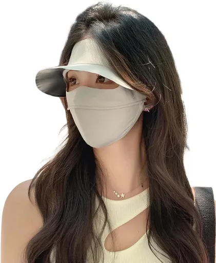 UV Face Cover UPF 50+ Women's Ice Silk Summer Breathable Full Face Sun Mask Outdoor Eye Protection Sunscreen Balaclava Hat Beige One Size