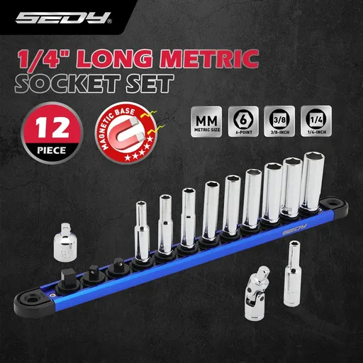 SEDY 1/4" Deep Socket Set Metric 4-13mm Long Sockets w/ Magnetic Rail Organizer