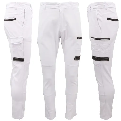 Men's Cotton Drill Cargo Work Pants UPF 50+ 13 Pockets Tradies Workwear Trousers, White, 36