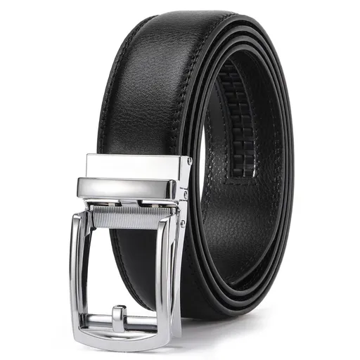 Ratchet Belt for Men Genuine Leather - Micro-Adjust Buckle Trim to Fit Dress Belt Casual to Formal Gift Boxed - Basic Silver - Black - Size 34"-42" Waist Adjustable