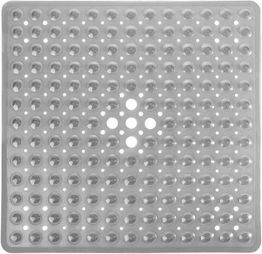 Square Non-Slip Shower Mat with Suction Cups and Drain Holes, Soft Machine-Washable Bathtub Mat for Shower Stalls, Clear Grey, 53.3 x 53 cm