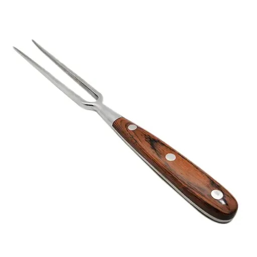 Stainless Steel BBQ Meat Fork with Riveted Wooden Handle for Grilling, Roasting, Camping, Picnics and Kitchen Food Preparation, Brown