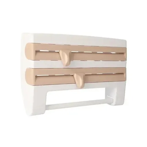 4In1 Wall Mount Kitchen Holder Foil Towel Roll Cling Wrap Rack Dispenser Cutter - Khaki