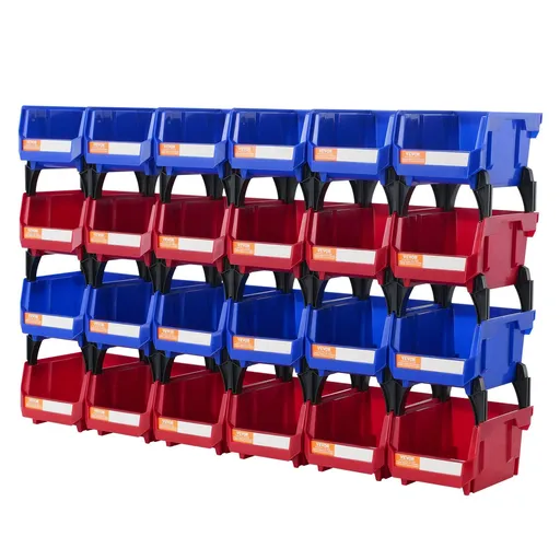 24 Pack Plastic Storage Bins 137 x 105 x 78 mm Hanging Stackable Organizer Containers Blue/Red Heavy Duty PP Bins for Kitchen Closet Office Pantry
