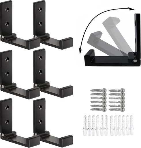 6 pieces - Foldable wall hooks - 6.7*7.5*2.5 cm - Clothes hook - concealable clothes hooks - heavy-duty wall hooks - aluminum hooks - with screws - foldable hooks - for hanging coats, bags, hats, and keys - black