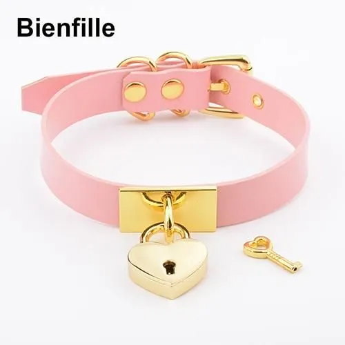 House Of Dasein Leather Collar Locket Love Heart Harajuku Bdsm Sub Slave Punk Choker - Pink With Gold