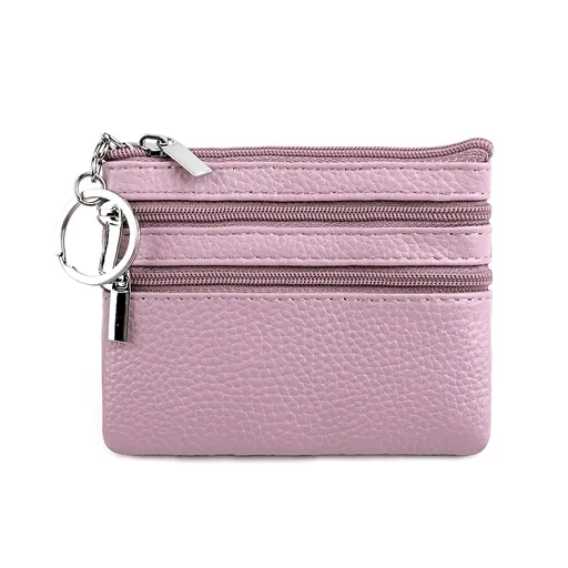 Genuine Leather Coin Purse Mini Wallet with Triple Zipper Pockets Key Ring Holder Pouch for Cash & Cards - Lavender purple