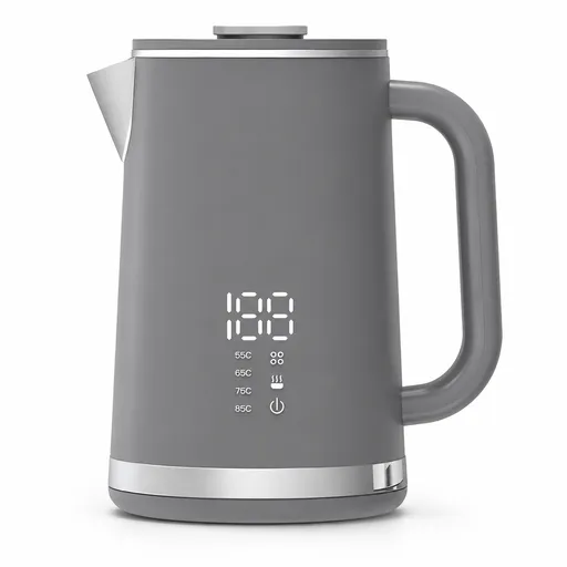 Gray electric kettle, 1.7L stainless steel kettle, 1500W rapid heating, with LED display, adjustable temperature, double-walled anti-scalding design, automatic power-off function, black.
