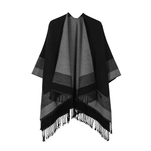 Black elegant women's tassel cape shawl scarf, multi-functional all-in-one warm and comfortable winter shawl scarf, convenient for home, travel, and office wear, stylish and beautiful with tassels.