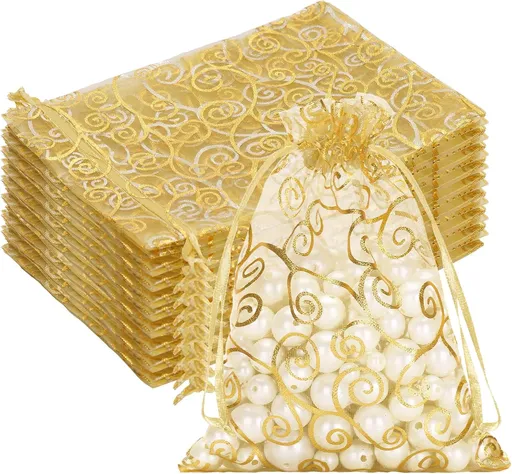 Organza Gift Bags 5x7 Inches - 50Pcs Sheer Mesh Organza Bags with Gold Rattan Printed, Drawstring Tulle Jewelry Pouches for Wedding, Christmas Party Favors