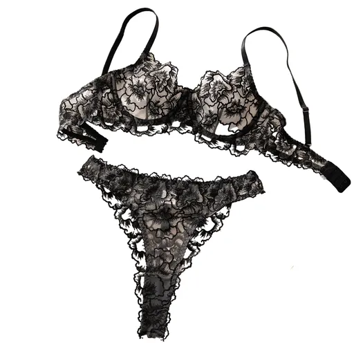House Of Dasein Black Embroidered Lace Thin Transparent Underwire Bra Sexy Lingerie Women's Set - Black - M