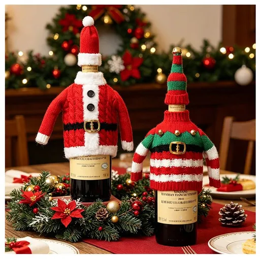 Christmas Knitted Wine Bottle Cover Santa and Elf Styles Holiday Decoration 8.5cm x 15cm Red Green