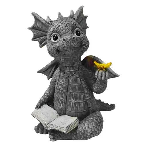Dragon Statue, Baby Dragon Reading Book Statue, Dinosaur Holding Butterfly Figurines Art Sculpture for Outdoor Garden