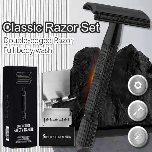 Black Classic Double Edge Safety Razor Set - Vintage Metal Manual Shaving Razor with Stainless Steel Holder & 5 Replacement Blades