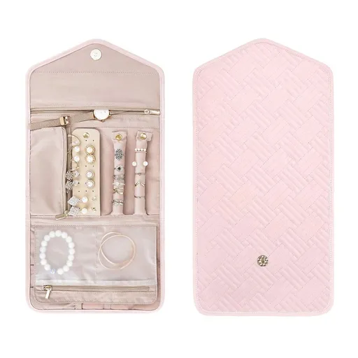 Travel Jewelry Organizer Roll Foldable Jewelry Case for Journey-Rings, Necklaces, Bracelets, Earrings, Soft Pink（Excluding jewelry）