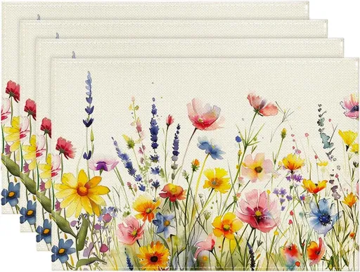 Daisy Lavender Floral Leaves Spring Placemats Set of 4,12x18 Inch Seasonal Spring Table Mats for Party Kitchen Dining Decoration