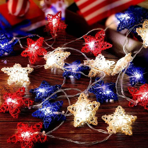 20 LED Rattan Star String Lights, Battery Operated Red, White and Blue Decorative Lights for Indoor Parties and Patriotic Events