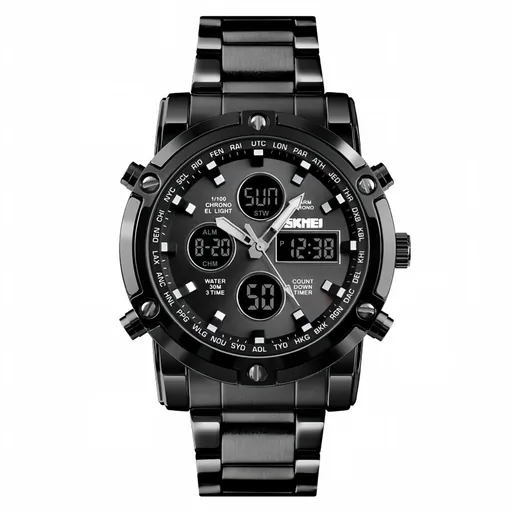Men's Dual Display Analog Digital Watch, All Black Stainless Steel 30M Waterproof Sports Watch