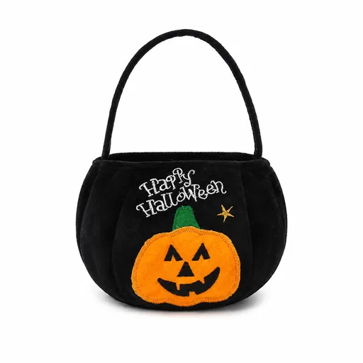 Black bag with a pumpkin pattern - Plush Halloween Trick or Treat Candy Bag - Polyester Tote with Embroidered Face, Lightweight Portable Goody Pouch for Party Favors and Trick or Treating