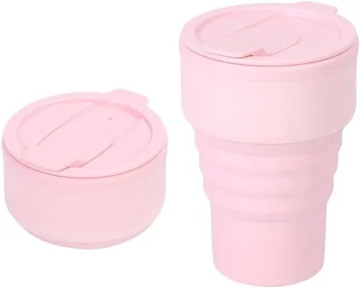 Collapsible Silicone Camping Mug – 385ml – Travel and Drinking Mug with Lid, Dishwasher Safe – Ideal for Camping, Hiking and Office (Pink)