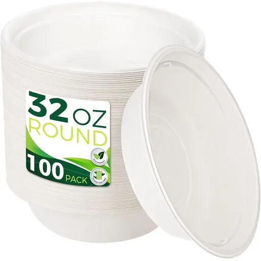 32oz Paper wls [100-], Heavy Duty Disposable wls Perfect for Hot Soup and Milk Cereals,Compostable and Eco-Friendly Made from Bagasse, Serving Pasta, Salad, Oatmeal, Snack