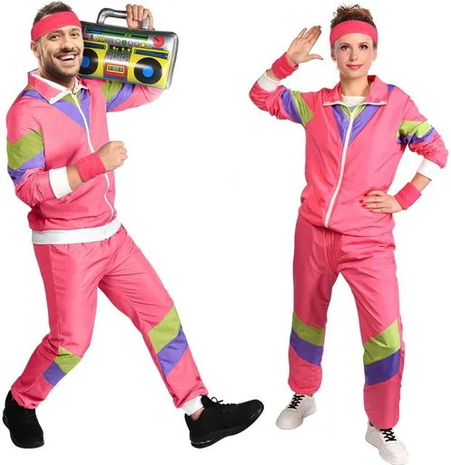 80s Fashion Height Shell Jacket Costume, 80s Fancy Dress Men Women with Headband Bracelet, 1980s Disco Fancy Dress red-XL