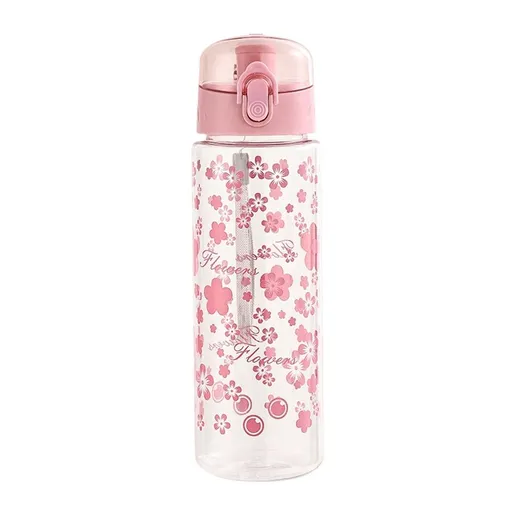 Flower Water Bottle 600ml,Transparent Sports Cup with Straw,Leakproof Lightweight Portable Hydration Bottle for Gym School Travel,Clear 9x2.8in