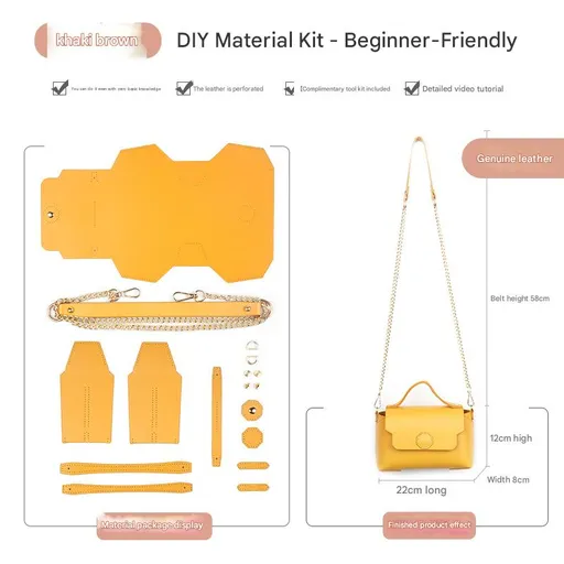 Khaki brown Leather Bag DIY Kit – Geometric Shoulder Bag Making Material Set with Pre-Punched Cowhide, Tools for Hand Stitching