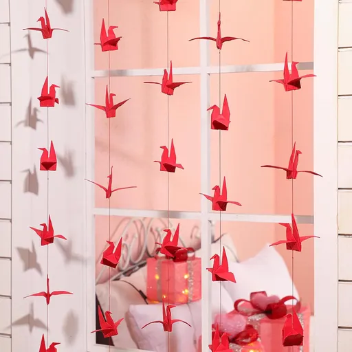 10 Pcs Paper Crane Hanging Garlands Premade Origami Cranes on String Kit Folded Bird Streamers for Japanese Asian Party Decorations Home Family Bridal Shower Supplies(Red) -