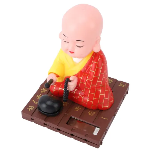 Solar Little Monk Toy Red Attracting Wealth Shaking Head Knocking Wooden Drum Little Monk Figurine for Dashboard Ornament Home Decoration