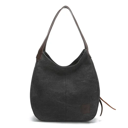 Black Women's Canvas Hobo Handbag Multi-Compartment Shoulder Tote Bag Minimalist Casual Purse 30cm for Work Shopping & Travel
