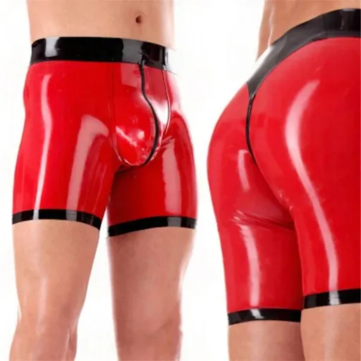 House Of Dasein Red And Black Latex Rubber Shorts With Crotch Zip For Men U Pouch Design - Red With Black - Xl