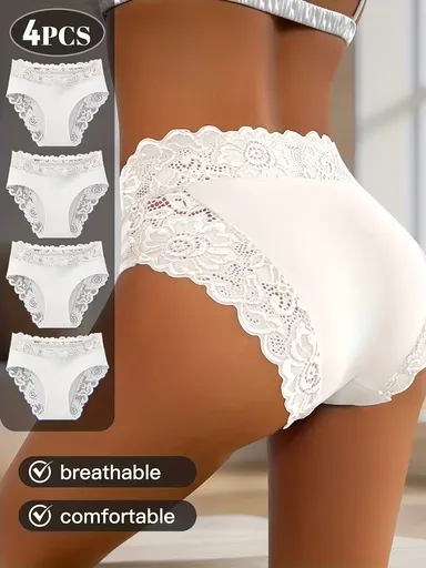 4-Pack White Elegant High-Waist Lace Panties for Women(Size XL) - Tummy Control & Butt Lifting Briefs, Breathable Underwear with Cotton Crotch Lining