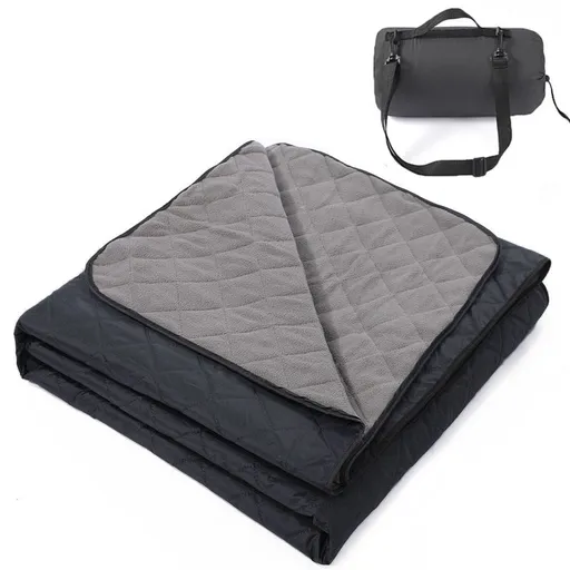 200 x 140cm Black Large Double Layer Waterproof Thick Fleece Camping Blanket Picnic Mat, Portable Travel Ground Mat with Shoulder Carry Bag for Hiking Travel Indoor Outdoor Use