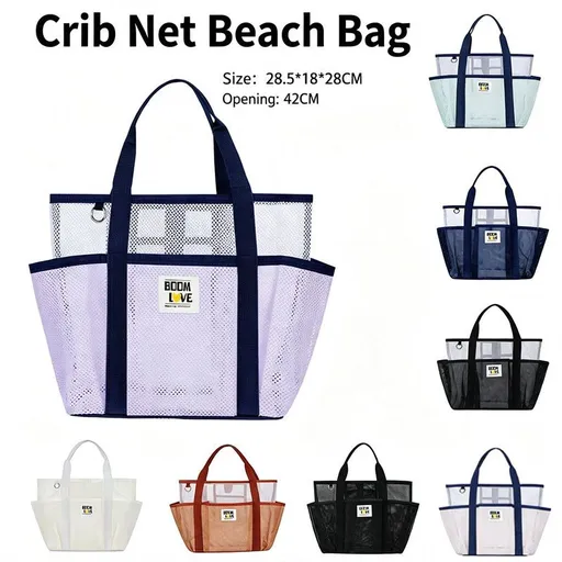 Large Mesh Beach Tote Bag, Multi-Pockets Breathable Swim Bag Portable Handbag Shoulder Bag for Swimming, Beach Travel, Pool Gym, Hold Towel Swimwear Toiletries Toys, Quick Dry Sandproof Lightweight Storage Handbag(Navy blue)