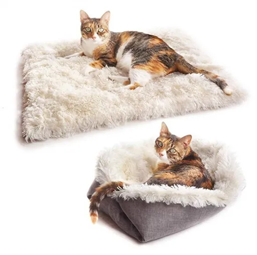 Self-Heating Cat Cushion and Soft Plush Blanket, Foldable 2-in-1 Pet Mat for Indoor Cats and Small Dogs, White, 61 x 51 cm