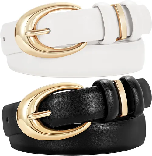 2 Pack Women Leather Belt for Jeans Pants Fashion Ladies Skinny Faux Leather Belt with Gold Buckle