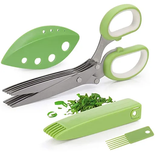 Herb Scissors with 5 Blades Kitchen Gadgets Cutter Chopper and Mincer Multipurpose Kitchen Scissors with Cover Brush Leaf Peeler