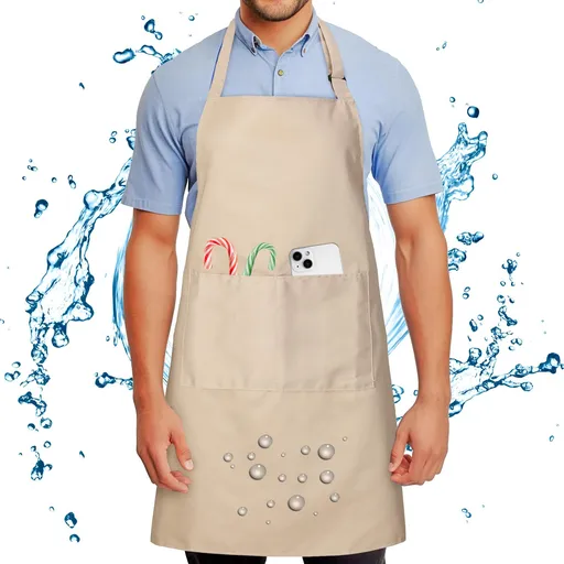 Chef Apron for Men and Women Wash Free Bib Apron with 2 Pockets Water & Oil Proof Adjustable Aprons waterproof beige